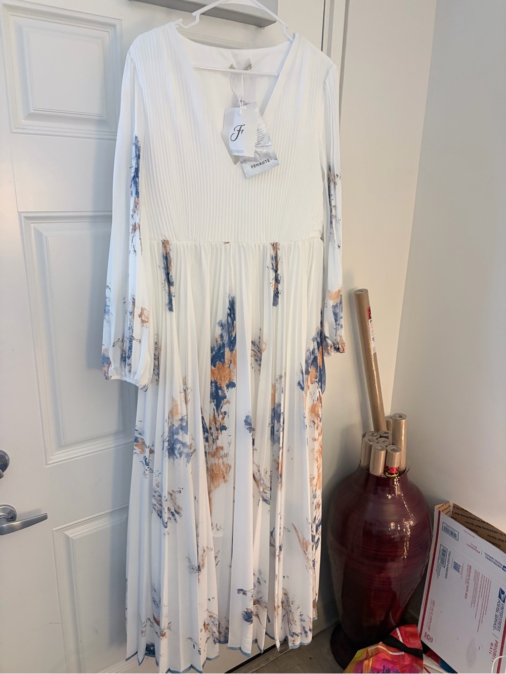 Feminine White Floral Maxi Dress with Blue & Tan Accents